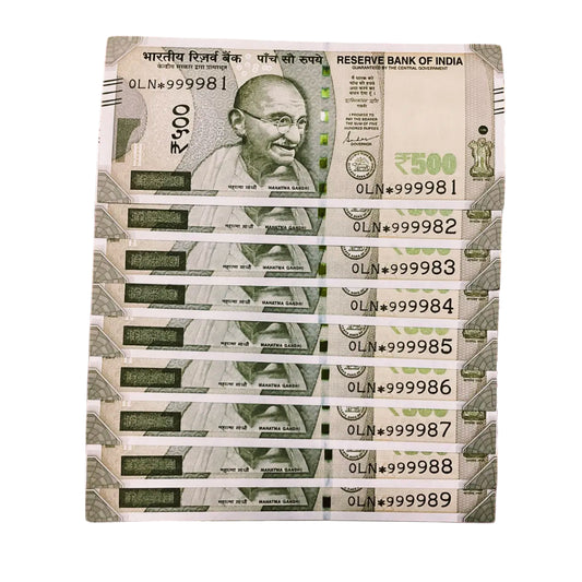 Rs 500 star same prefix 999981-999989 set 9 note set rare collectible - Collection Bazzar