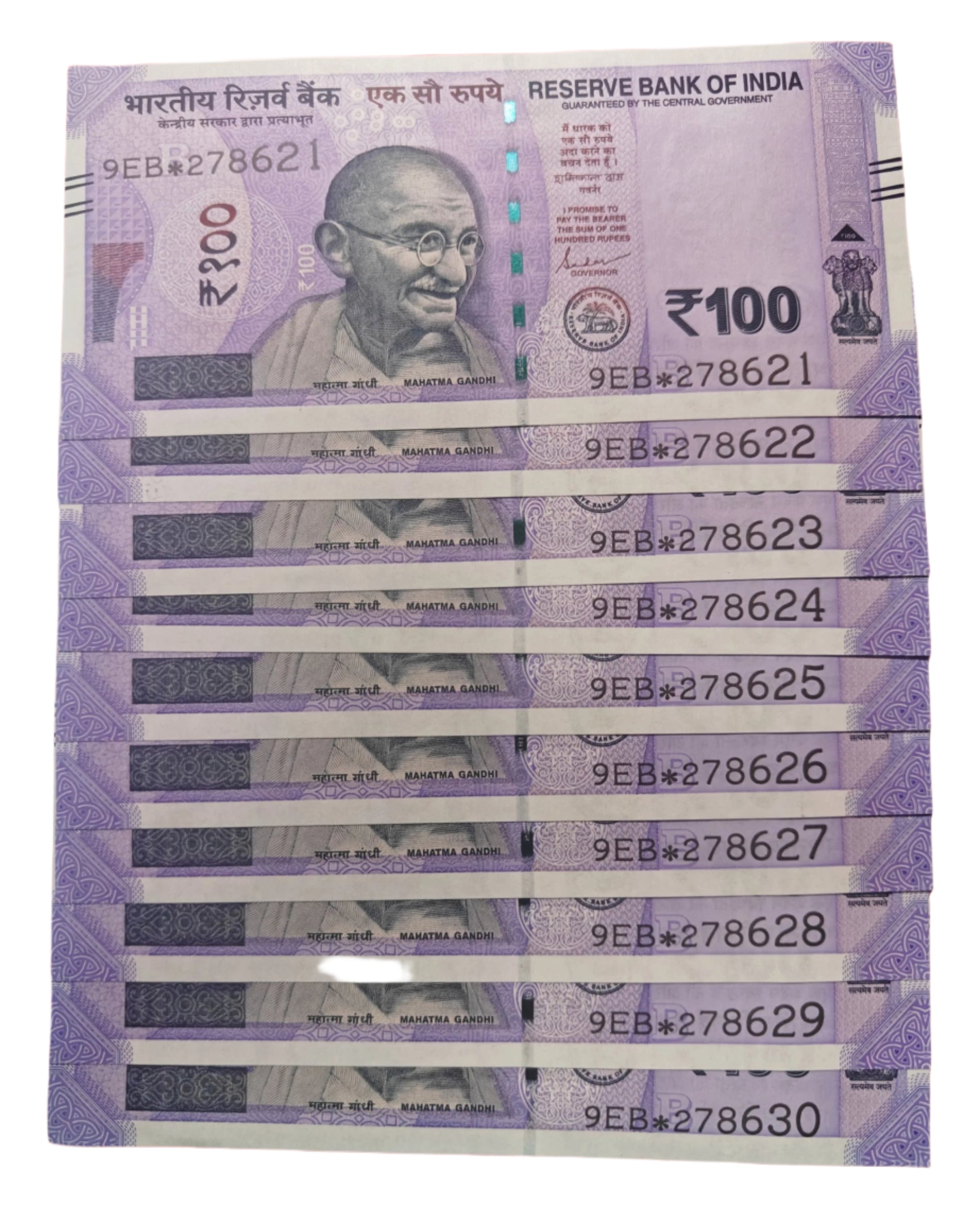 Rs 100 New Star Notes Set 9Eb Same Prefix Middle 786 Holy Bismillah Number Set 278621 To 278630 Governor Shakti Kant Das Excellent Condition
