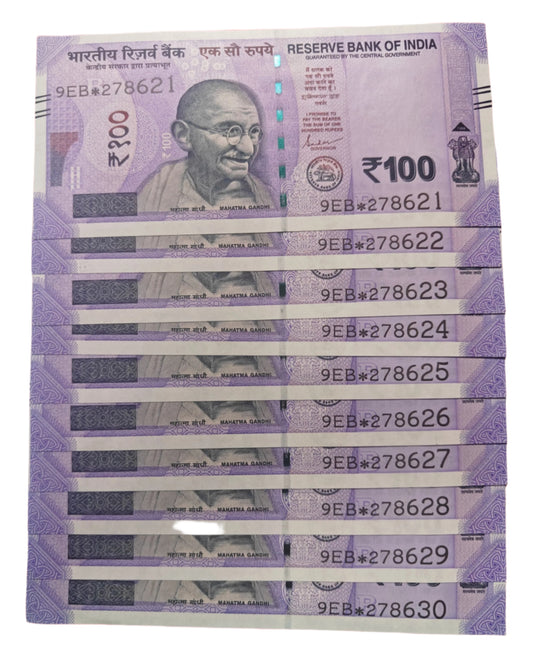 Rs 100 New Star Notes Set 9Eb Same Prefix Middle 786 Holy Bismillah Number Set 278621 To 278630 Governor Shakti Kant Das Excellent Condition
