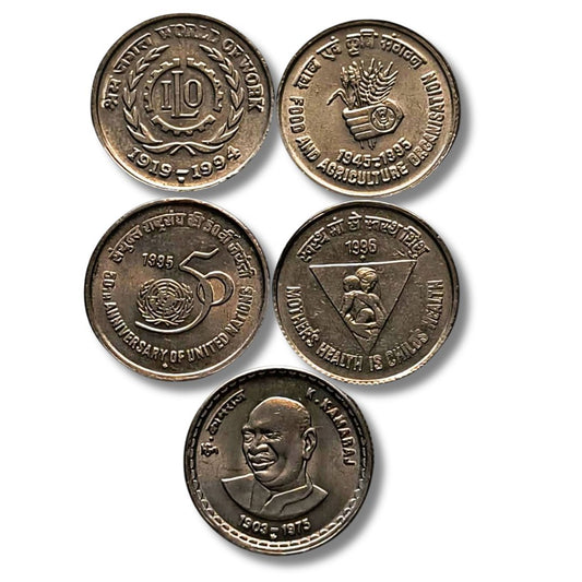Rs 5 Comrative Coin 5 Pis Excellent Condition Mother Health .Ilo.K.Kamraj Food And Agriculture.50Th Anniversary Organic