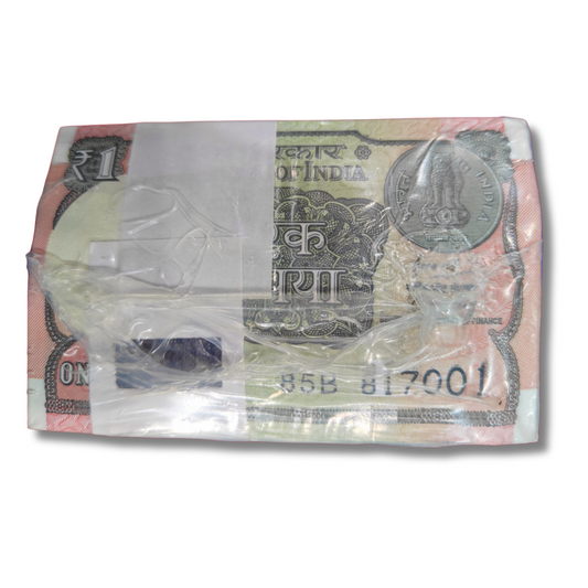 Rs 1 Bank Note – New Serial Telescopic Birthday Rim – Prefix 85B – Serial 817001 – Year 2019. 10 packets 1000 notes