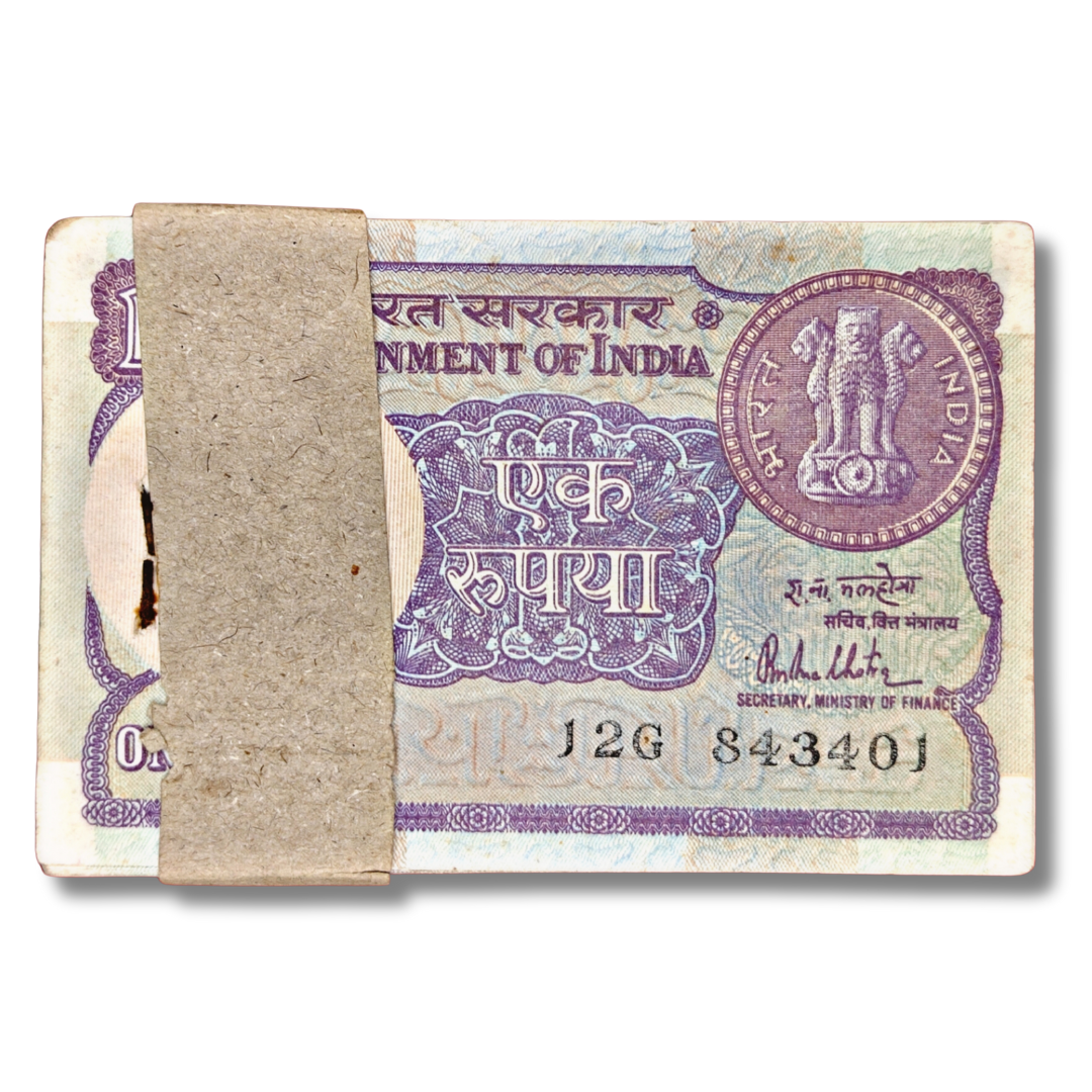 Rs 1 Big Coin Serial Packet – 1981 | Prefix 12G Serial 834401 | Governor R.N. Malhotra | 100 Notes | Gem UNC