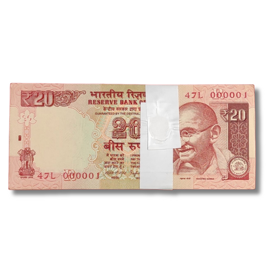 Rs 20 old note 47L R insert serial 000001 to 000100 Raghuram Rajan UNC packet