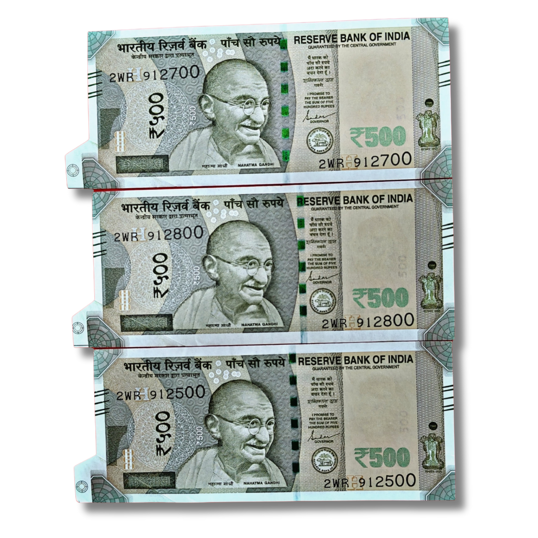 Rs 500 Indian Bank Note – Extra Paper Error Below Right Side – Serials 912500, 912700, 912800 – Governor Shaktikanta Das – Excellent Condition