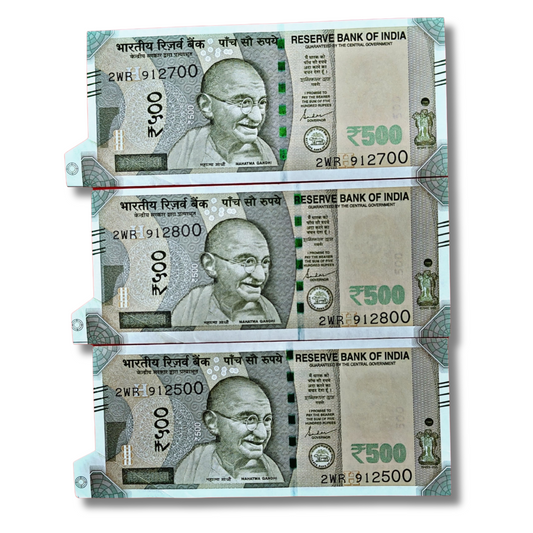 Rs 500 Indian Bank Note – Extra Paper Error Below Right Side – Serials 912500, 912700, 912800 – Governor Shaktikanta Das – Excellent Condition