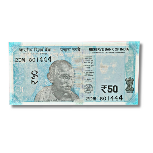 Rs 50 Indian Bank Note – Blue Colour Printing Error – Serial 801444 – Governor Shaktikanta Das – Excellent Condition
