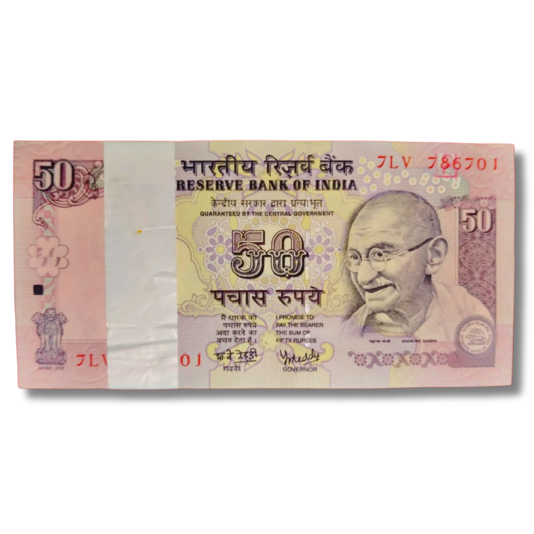 Rs 50 old note serial 786701 7LV prefix double 786786 UNC Y V Reddy 2015 holy number packet