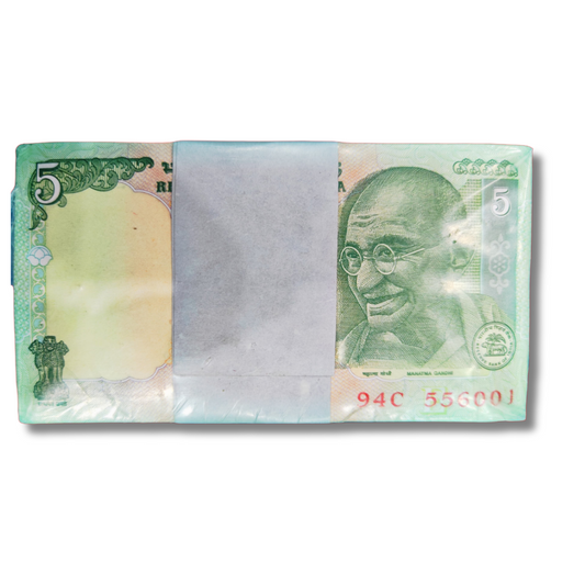 Rs 5 Bank Note – Old Rim – 94C Prefix – Ladder Number 556677 Included – 10 Packets (1000 Notes) – UNC Condition