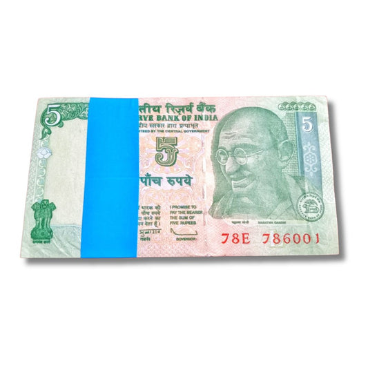 Rs 5 Gandhi Issue Serial Packet – 78E Prefix | Holy 786 Number Series (786001–786100) | Governor Subbarao | GEM UNC Condition | 100 Notes
