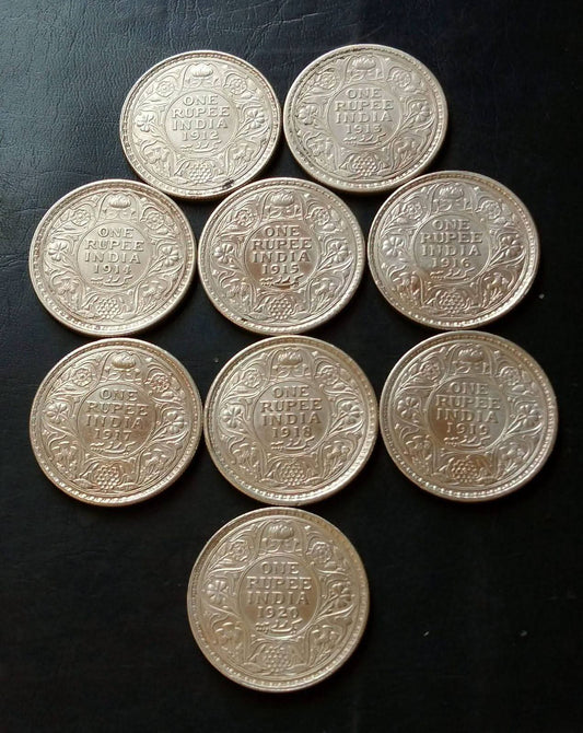 SILVER  BRITISH INDIA  DIFFERENT YEARS COLLECTION
 GEORGE V
FULL SILVER
8  DIFFERENT YEARS  1₹SET 
WEIGHT 11.6GM EACH 

ORIGINAL GAUARANTEE
EXCELLENT CONDITION. - Collection Bazzar