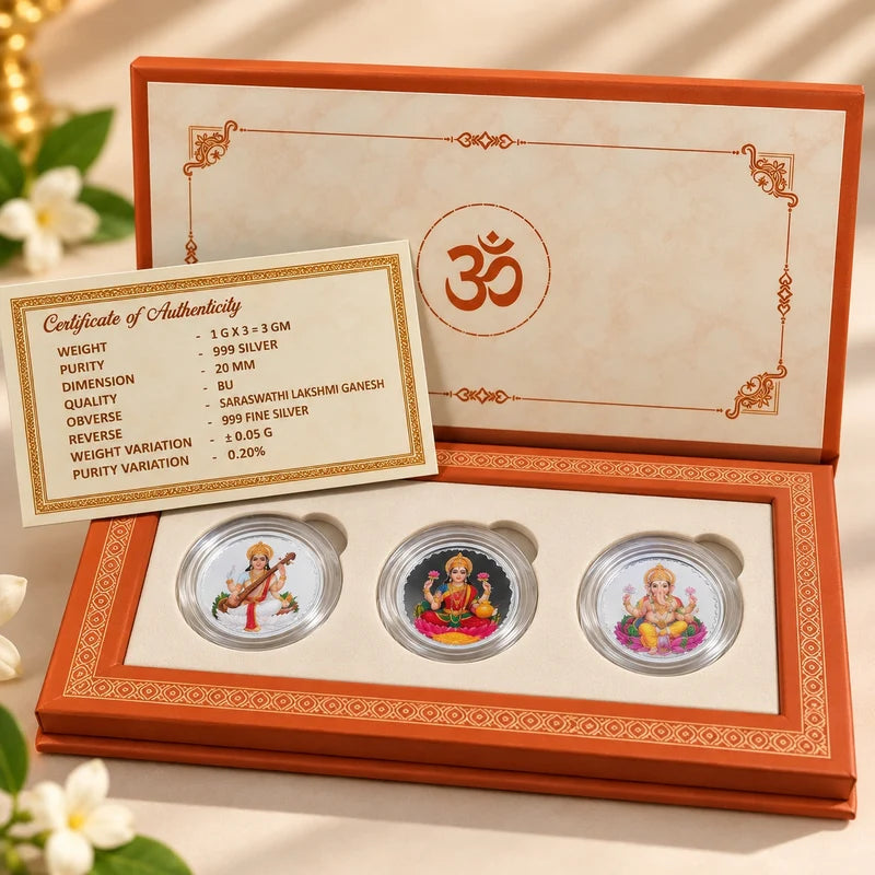 Saraswati Lakshmi Ganesh 3 Coins Silver Pure 3Gm Silver