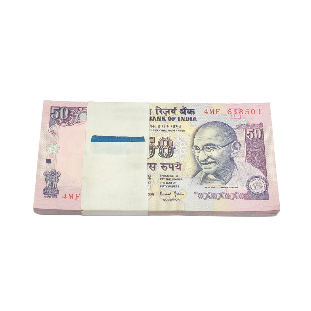 Rare ₹50 note packet with serial number 618501, RBI issue 100 UNC notes full bundle