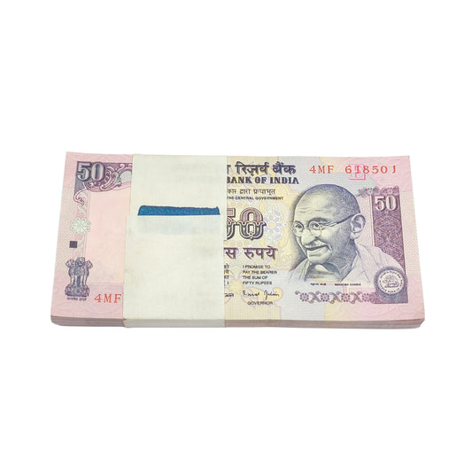 Rare ₹50 note packet with serial number 618501, RBI issue 100 UNC notes full bundle