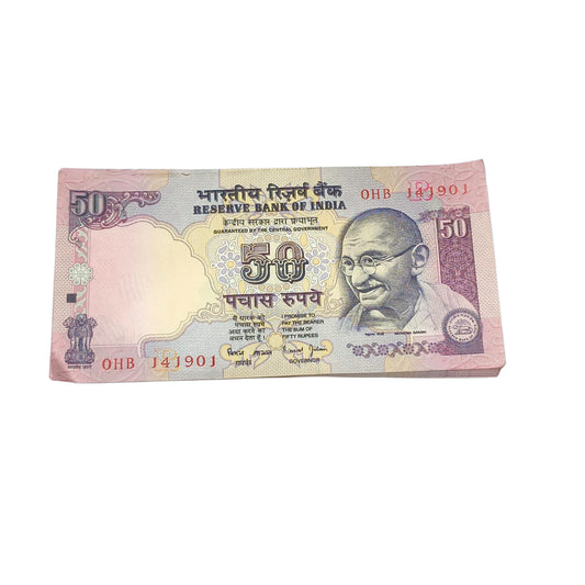 Rare ₹50 note packet with serial number 141901, Bimal Jalan signed 100 UNC notes full bundle
