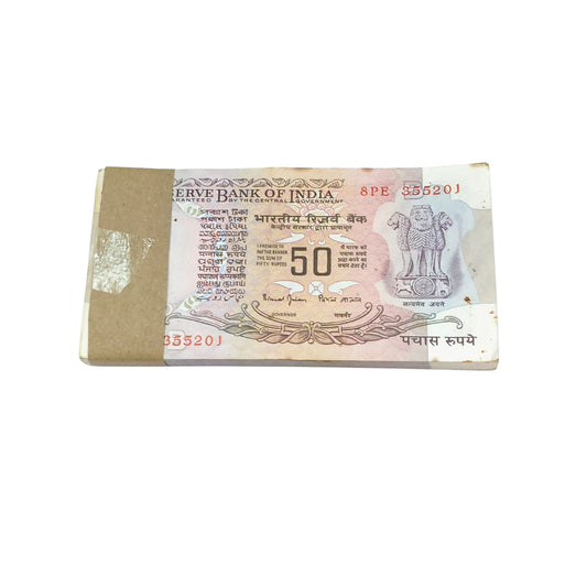 Rare ₹50 old Gandhi series note packet with serial number 355201, Bimal Jalan signed 100 UNC notes full bundle