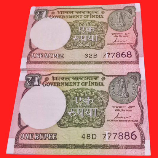Rs 1 new fancy no 2 notes (777868 & 777886) collectible item