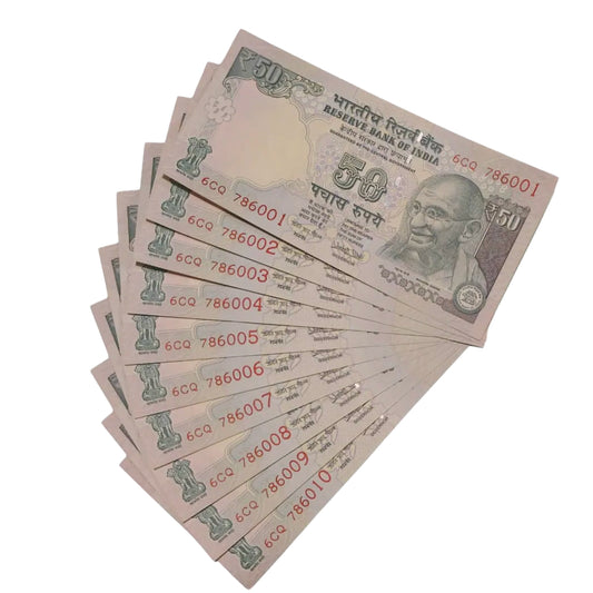 Rs 50 old bismilla no set 786001-10 Urjit Patel sign Prefix 6CQ