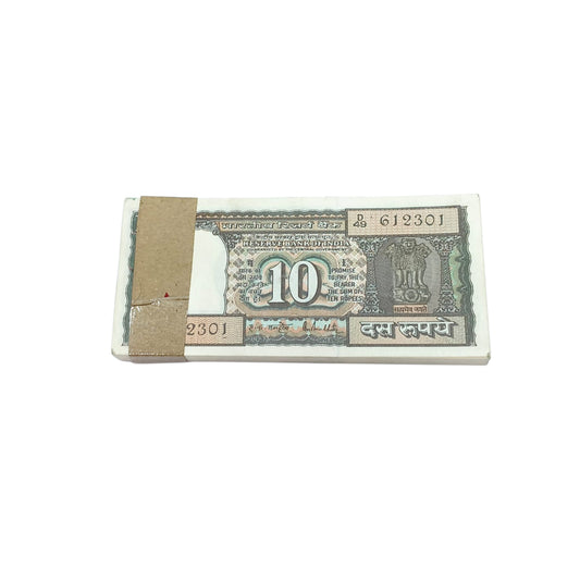 Rare ₹10 Black Boat note packet with serial number 612301, RBI issue 100 UNC notes full bundle