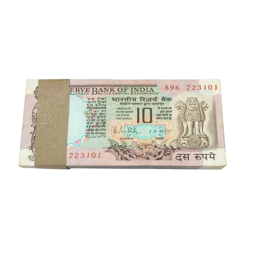 Rare ₹10 Peacock note packet with serial number 723101, R. N. Malhotra signed 100 UNC notes full bundle