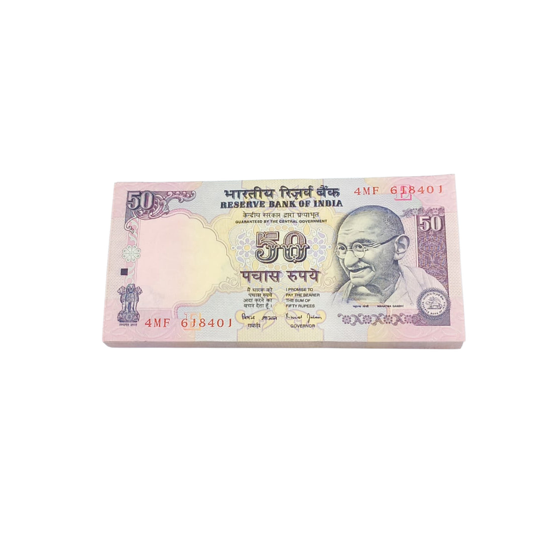 Rare ₹50 note packet with serial number 618401, RBI issue 100 UNC notes full bundle