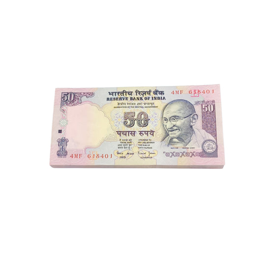 Rare ₹50 note packet with serial number 618401, RBI issue 100 UNC notes full bundle