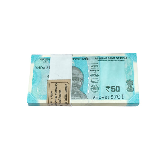 Rare ₹50 star note packet with serial number 215701✱, RBI replacement issue 100 UNC notes full bundle