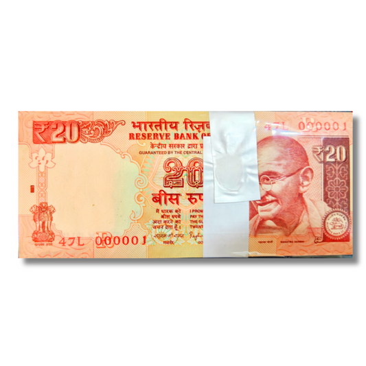 Rs 20 Old Bank Note – Extremely Rare – 47L Prefix Lower Number 000001 – Governor Raghuram Rajan – UNC Condition – 100 Notes Packet