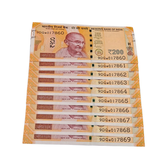 Rs 200 Note Set of 10 Star Note Serial 9DQ*017860-017869 | Holy 786 Bismillah Number | Signed by Shaktikanta Das | Rare Collectible
