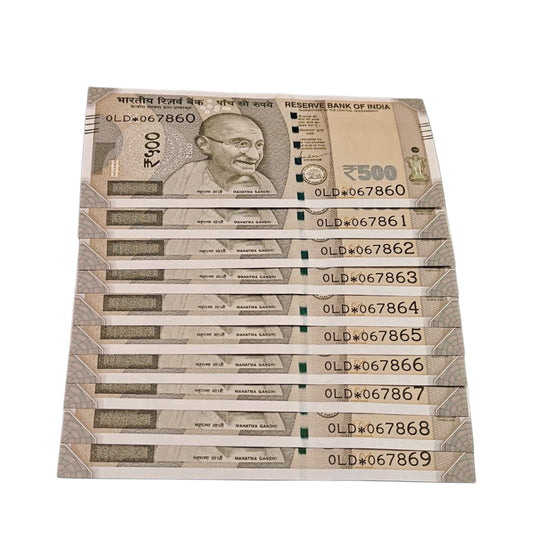 Rs 500 Note Set of 10 Star Note Serial 0LD*067860-067869 | Holy 786 Bismillah Number | Signed by Shaktikanta Das | Rare Collectible