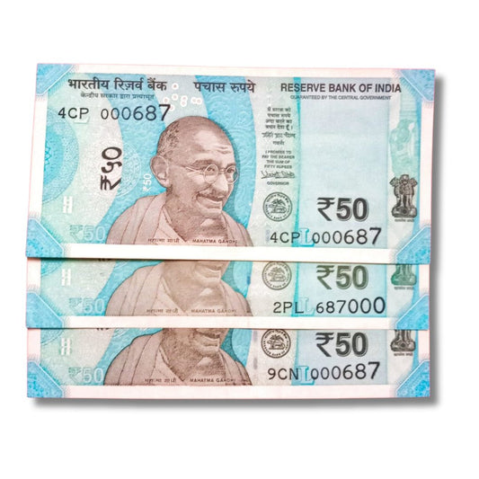 ₹50 Fancy Note Set of 3 – 000687 | 687000 | Reverse 786000 |