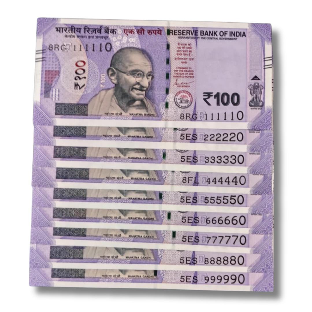 Rs. 100 Note Super Fancy 9 Notes Set 111110-999990 Gem UNC Condition
