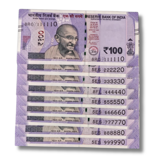 Rs. 100 Note Super Fancy 9 Notes Set 111110-999990 Gem UNC Condition