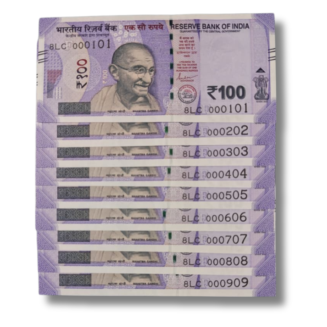 Rs. 100 Note Super Fancy Lower Number 000101-000909 9 Note Set