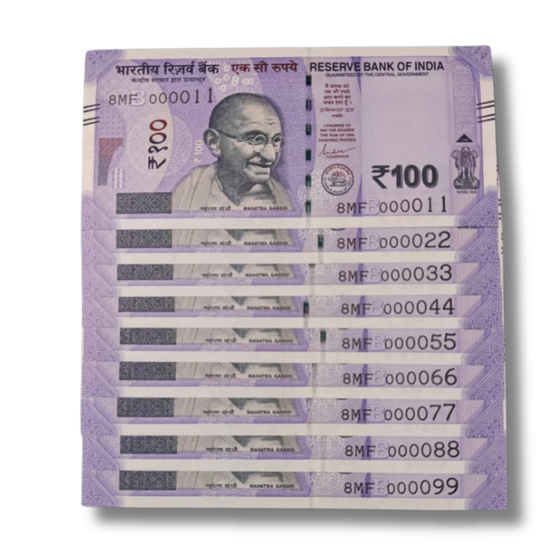 Rs. 100 Note Super Fancy Lower Number 000011-000099 9 Note Set