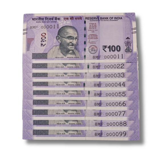 Rs. 100 Note Super Fancy Lower Number 000011-000099 9 Note Set