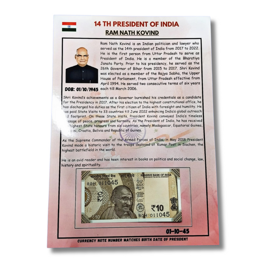 Rs 10 date of birth 01.10.45 Ram nath kovind  president of india excellent condition