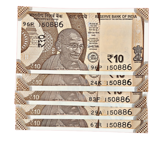 Rs 10 new birthday 5 notes 15.08.86 each note  300 governor urjit patel excellent condition
