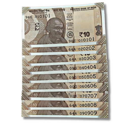 Rs 10 birthday anniversary date note 010101.020202.030303.040404.050505.060606.070707.080808.090909  set  gem unc condition