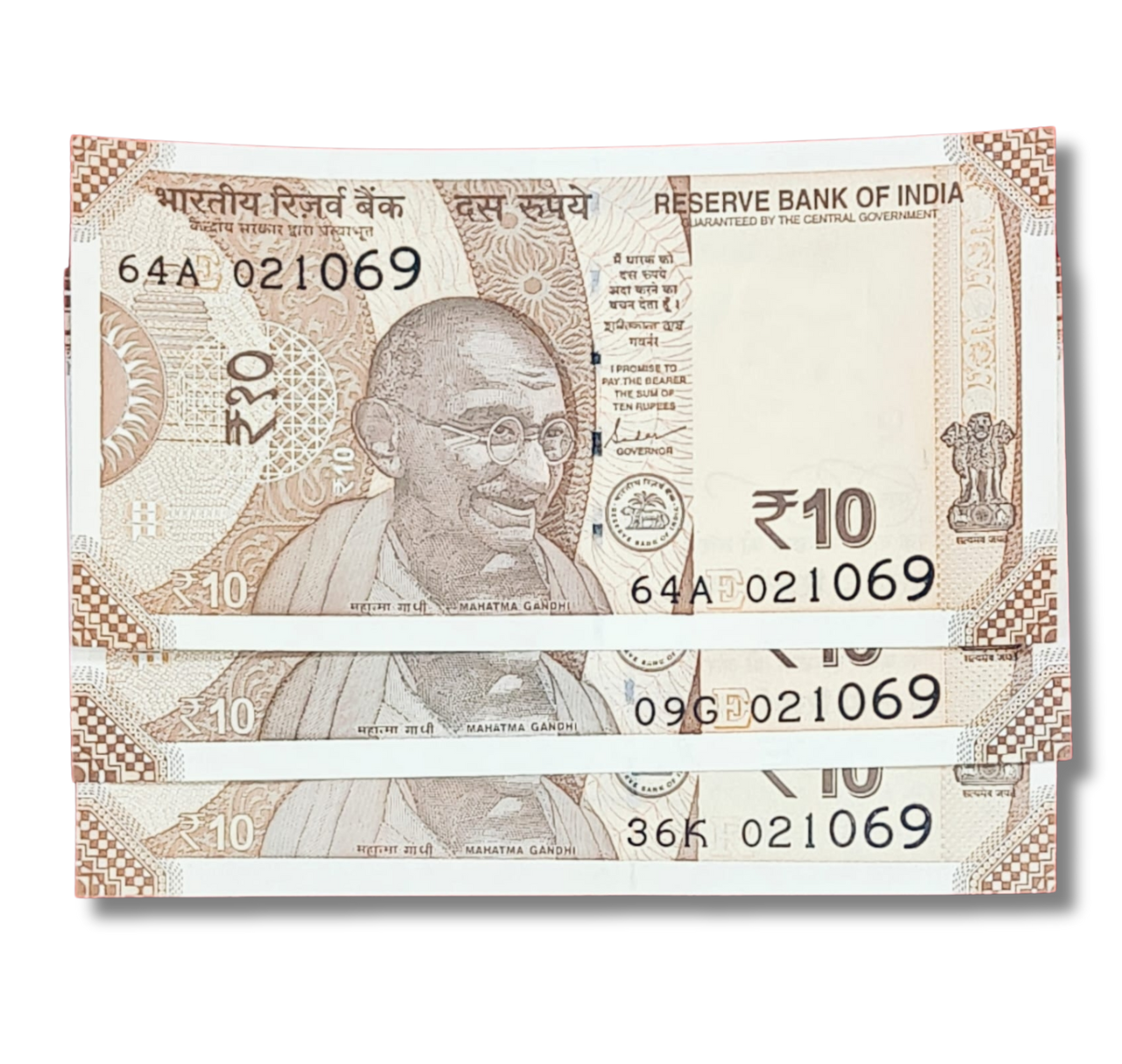 Rs 10 new 021069 Mahatma Gandhi birthday each note 600 excellent condition