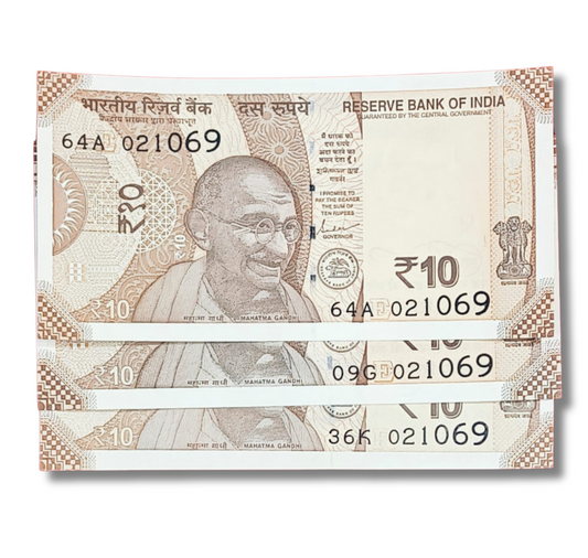 Rs 10 new 021069 Mahatma Gandhi birthday each note 600 excellent condition