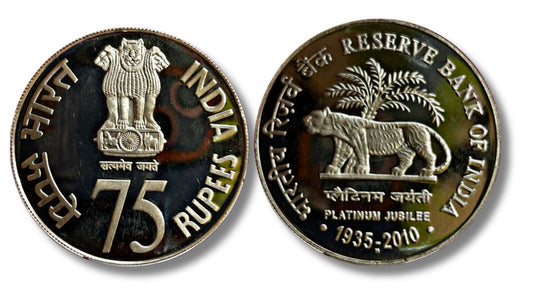 Platinum Jubilee Bhartiya Resarve Bank 75 Rupees Proof Set Silvercoin
