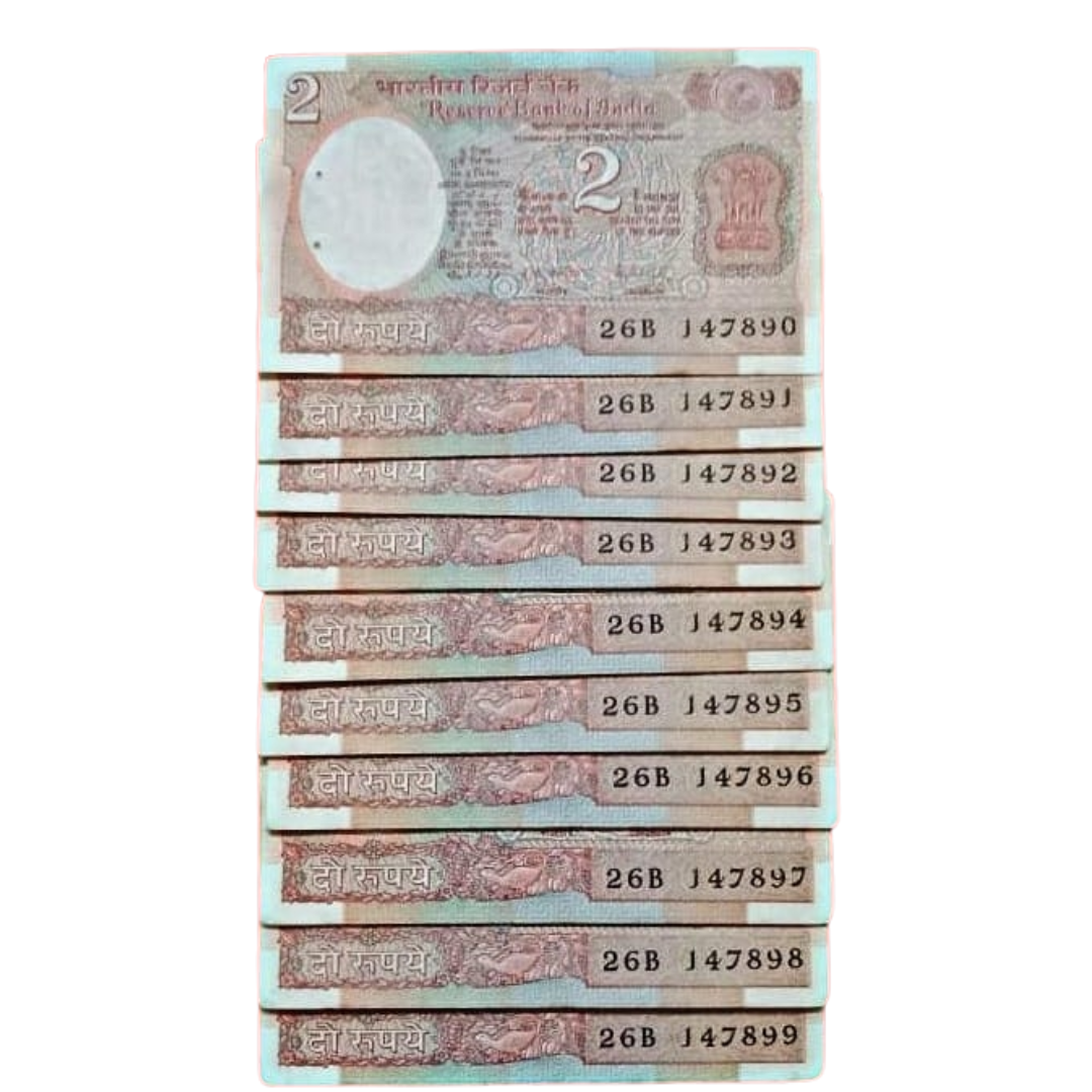 Rs 2 old prefix 26 B 147 starting notes error in 9 governor r n malhotra unc condition