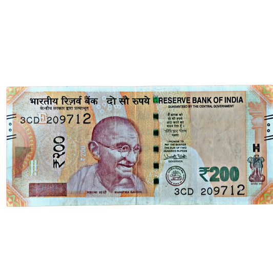 Rs 200 new error misprint note  of colours 209712 number  governor shakti kant das unc  condition