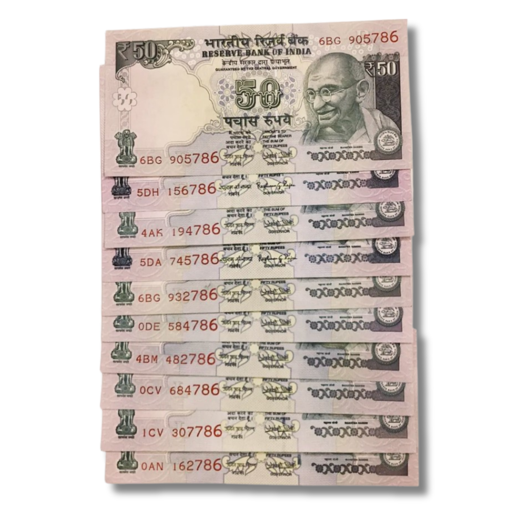 Rs 50 old 10 piece all different prefix set ending 786 no rare