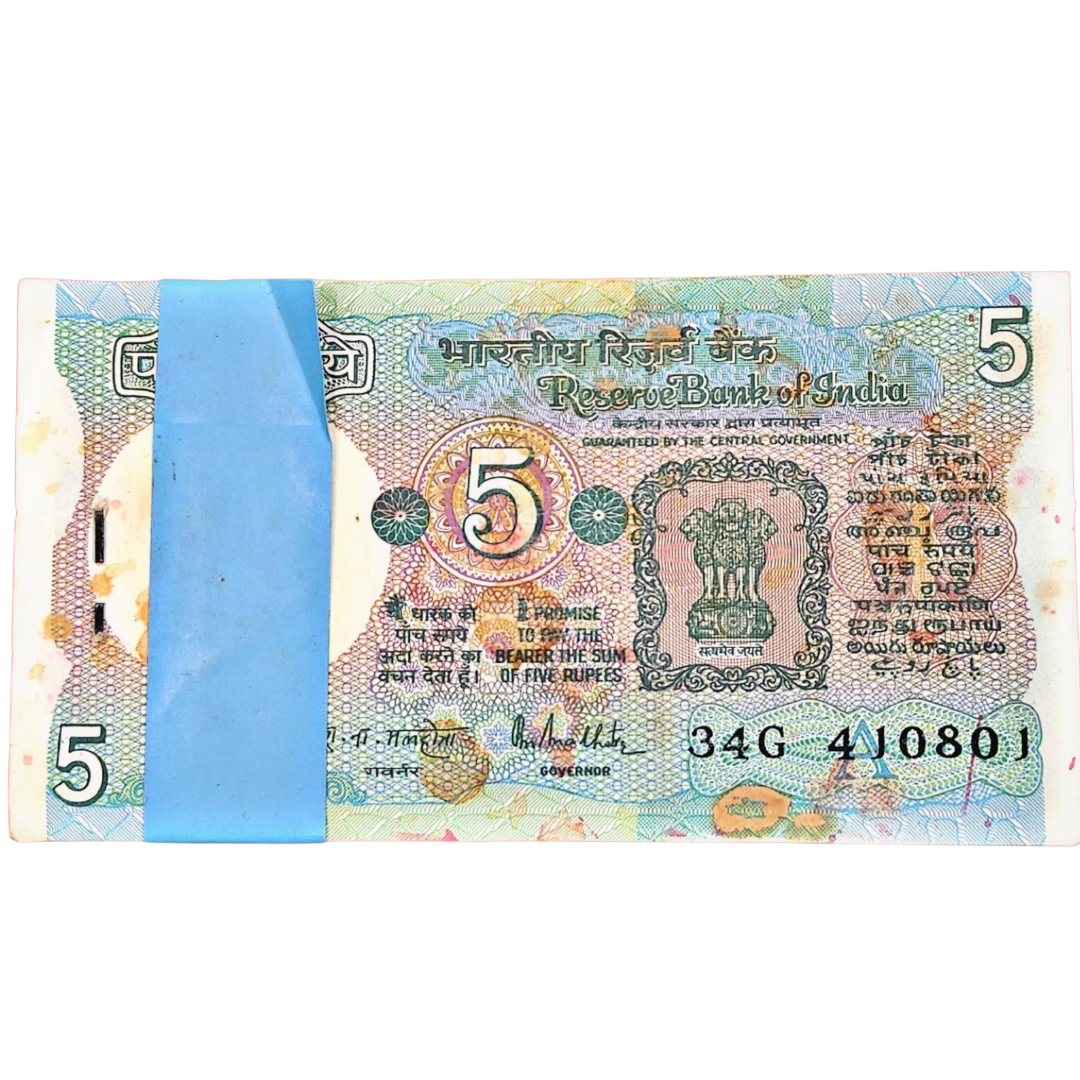 Rs 5 old serial packet prefix 34G 410801 governor r n malhotra excellent condition