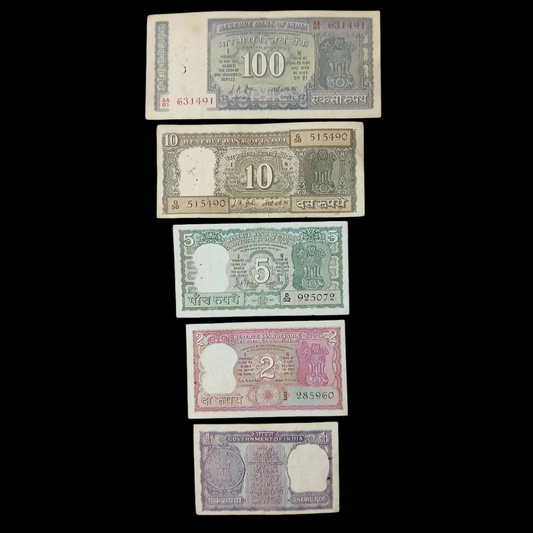 Rs 100 , 10 , 5 , 2 , 1 Backside Gandhi Reading Issue set of 5 Notes rare