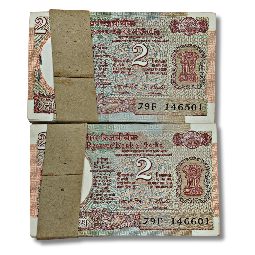 Rs 2 fresh note sirial 100 pis governor name IG patel 48 year old pkt same rim 2pkt without satymev jayte rare