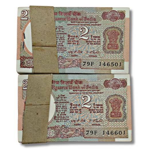 Rs 2 fresh note sirial 100 pis governor name IG patel 48 year old pkt same rim 2pkt without satymev jayte rare