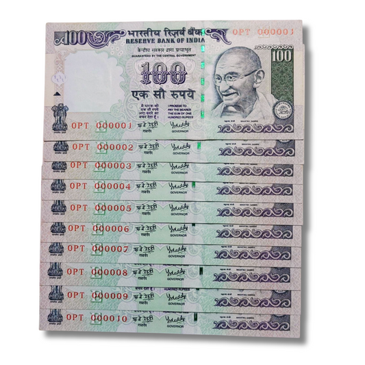 Rs. 100 Note Super Fancy Lower Number 0PT Prefix 000001-000010 Series 10 Note Set Governor Name Y.V. Reddy