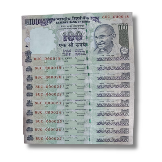 Rs. 100 Note Super Fancy Lower Number 0000XX-0000XX 10 Note Set Governor D. Subbarao